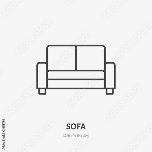 Sofa flat line icon. Apartment furniture sign, vector illustration of living room couch. Thin linear logo for interior store.