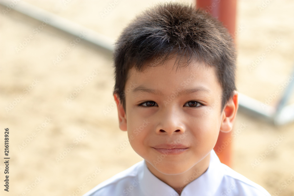 Portrait of Asian boy Wearing a white shirt in the grass. Portrait of Asian boy Wearing a white shirt in the grass.