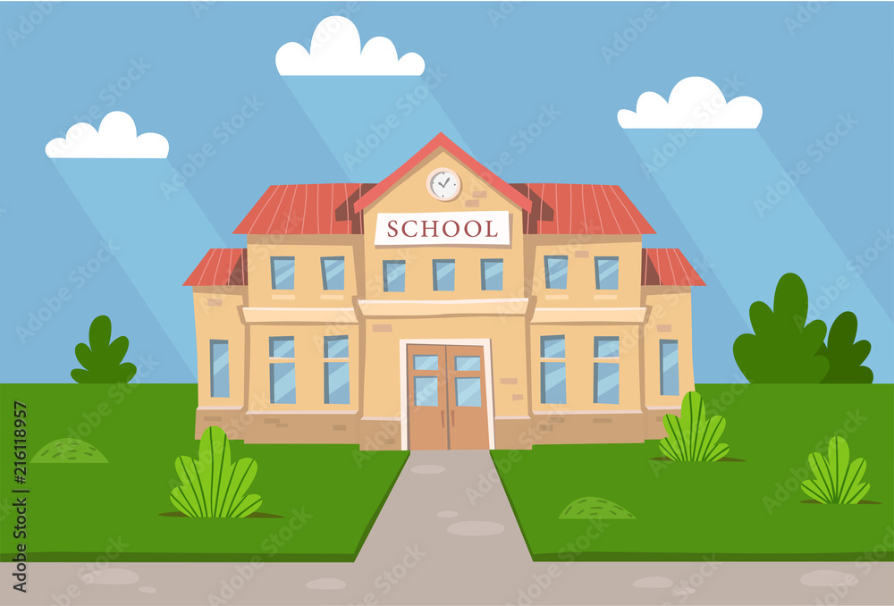 Colorful cartoon landscape, school building. Vector illustration.