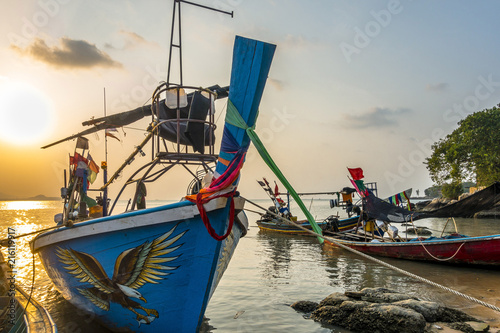 Longtail boats on the beach, sunrise on Bophut Beach, Ko Samui, Thailand, Asia photo