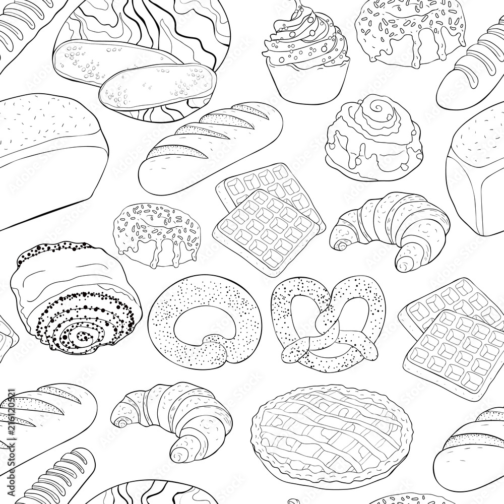 seamless pattern bakery products in the assortment. illustration