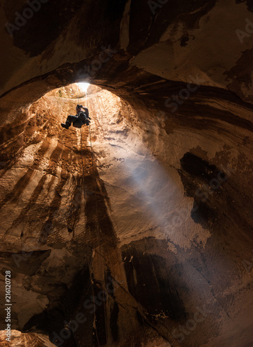 Alpine caving in Luzit Caves. Moshav Luzit, Ella Valley. Israel photo