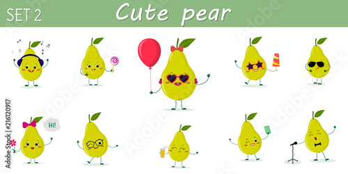 A set of ten nice green pear characters in different poses and accessories in cartoon style.
