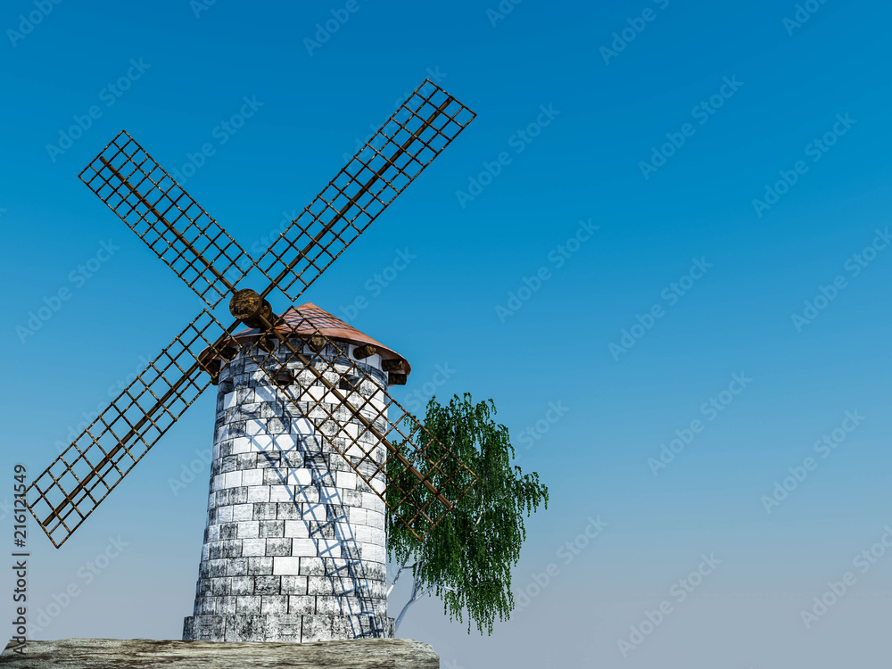 Stone windmill against the blue sky. The old building. 3D rendering