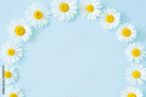 Beautiful, fresh white daisies on pastel blue background. Round frame. Soft light color. Greeting card. Mockup for positive idea. Empty place for inspirational, emotional, sentimental text or quote. © fotoduets