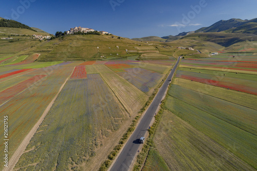 Flying on Castelluccio di Norcia, between ruins and bloom of flowers 