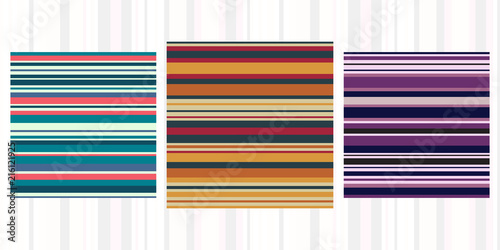 Set of 3 seamless patterns striped design. Retro textile prints with random colored stripes. Vector fashion backgrounds.