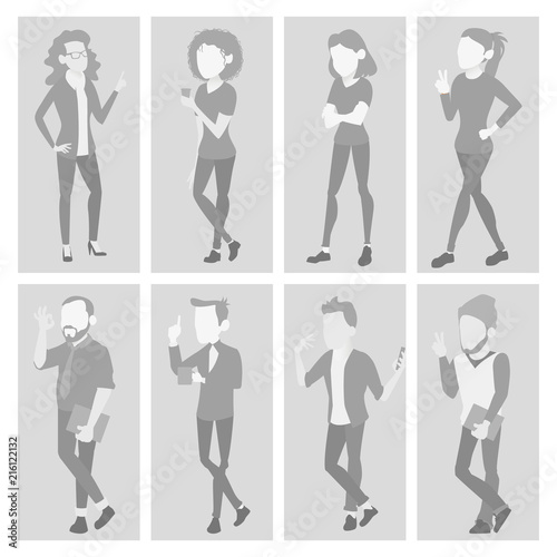 Default Placeholder Avatar Set Vector. Profile Gray Picture. Full Length Portrait. Male, Female Face Photo. Businessman, Business Woman. Human Photo. Silhouette. Isolated Illustration