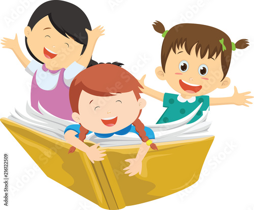happy kids flying on a book
