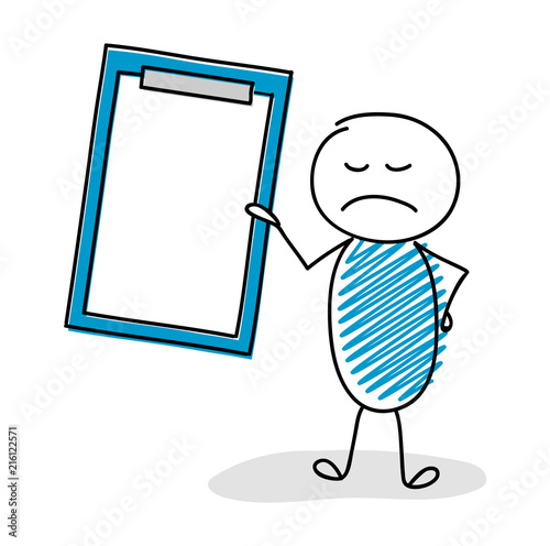 Funny cartoon stickman showing  clipboard with copyspace. Vector.