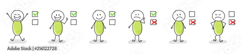 Stickmen with different facial expressions and checkboxes. Vector.