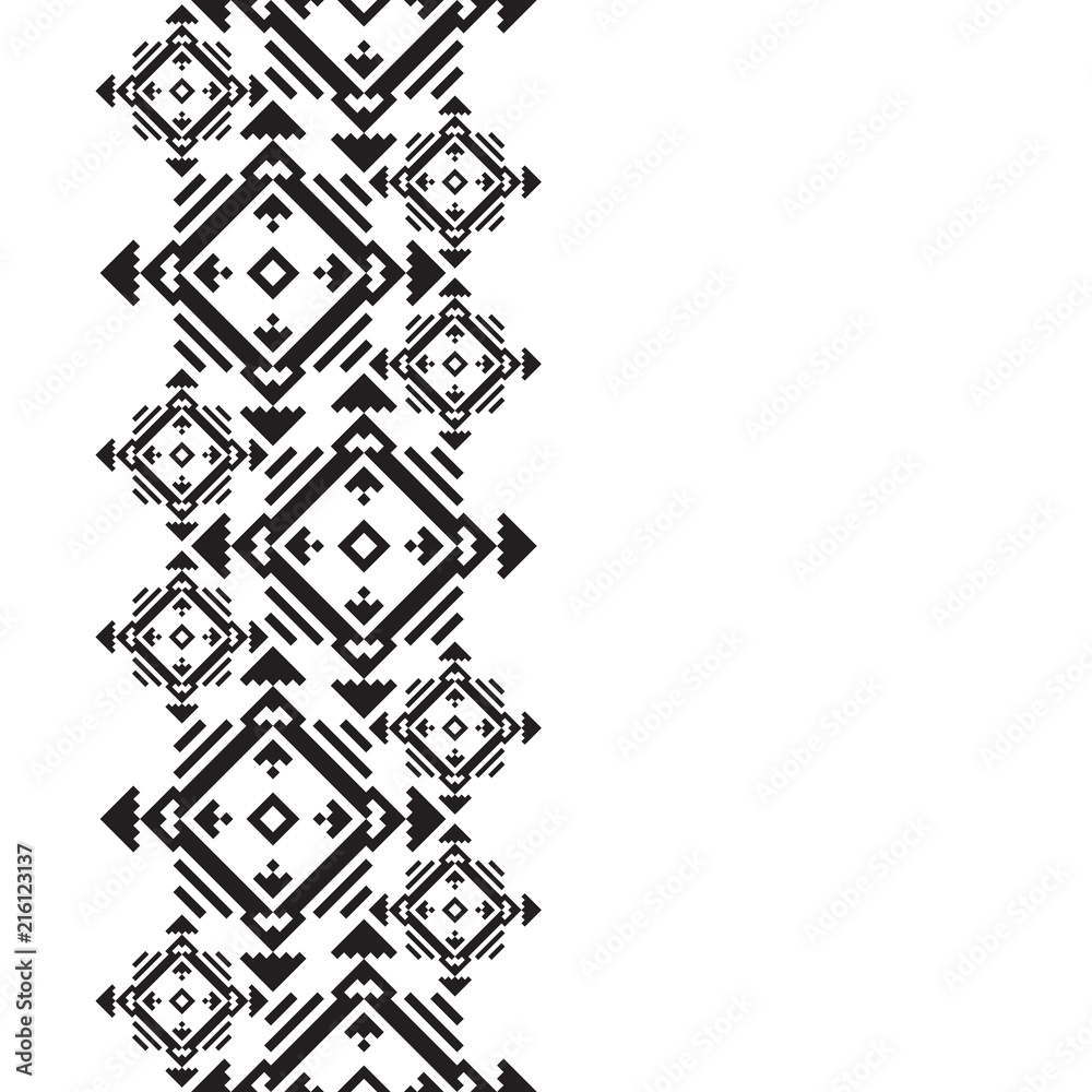 Tribal card in american indian style. Seamless border for design. Ethnic tiled ornament on white background. Navajo pixel tiles. Tattoo belt. Totemic pole.