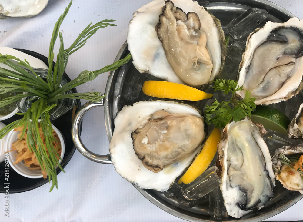 Fresh oysters on the ice with lemon, delicious. Fresh oysters on the ice with lemon, delicious.