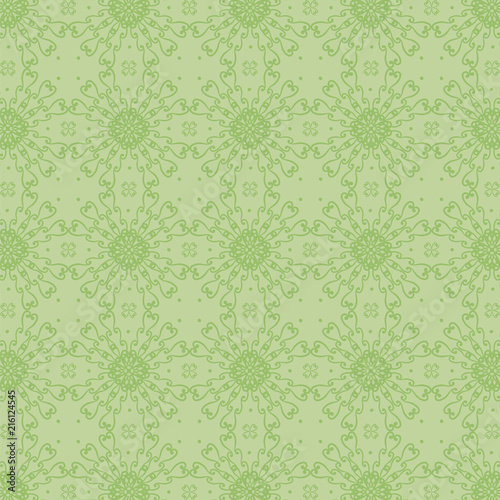 Vector seamless green pattern with curls and dots vegetative natural rhombuses circles rosette.