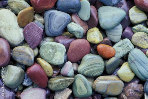 Colorful pebbles at the shore of McDonald Lake Glacier National Park Montana USA photo