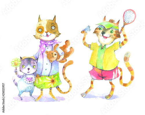 Fototapeta Naklejka Na Ścianę i Meble -  Cats, family, watercolor illustration