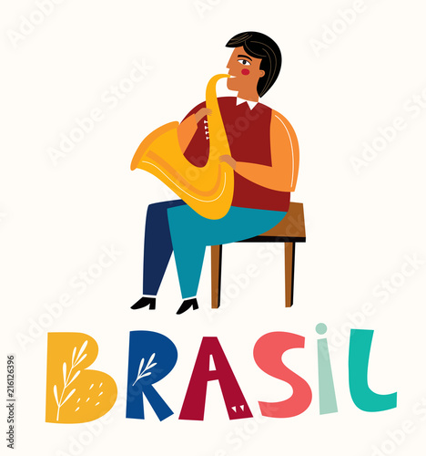 Saxophonist. Brazil traditional musician men. Jazz festival poster