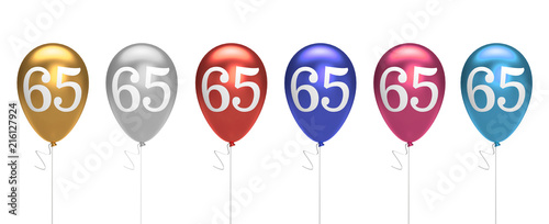 Number 65 birthday balloons collection gold  silver  red  blue  pink. 3D Rendering