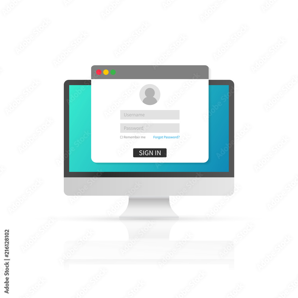 Login page on computer screen. Notebook and online login form, sign in page. User profile, access to account concepts.  Vector illustration.