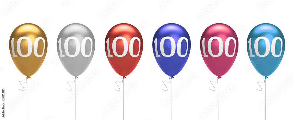 Number 100 birthday balloons collection gold, silver, red, blue, pink. 3D Rendering