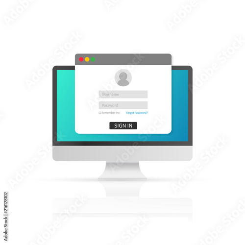 Login page on computer screen. Notebook and online login form, sign in page. User profile, access to account concepts.  Vector illustration.
