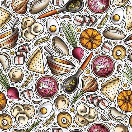 Cartoon hand-drawn Russian food seamless pattern