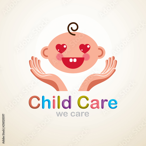 Cute baby cartoon vector flat icon, adorable happy and smiling child emoji. With mother or nanny tender hands of care. Can be used as a logo.