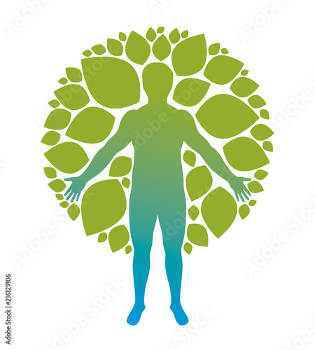 Vector athletic man created using organic green tree leaves. Downshifting and ecotourism concept illustration.