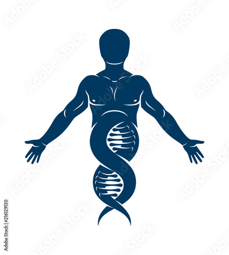 Vector illustration of human, athlete depicted as DNA strands continuation. Molecular biotechnology concept.