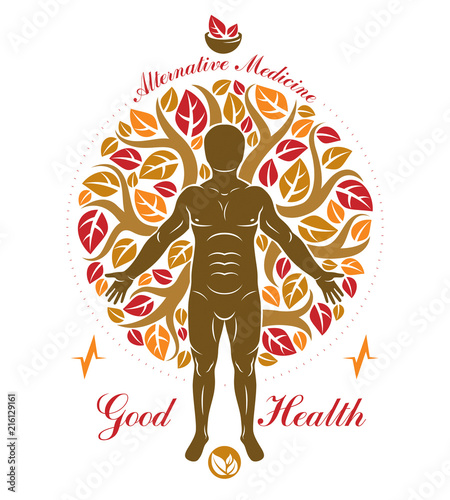 Vector graphic illustration of strong male composed with autumn tree leaves and mortar and pestle. Raw food diet concept, no gm theme.