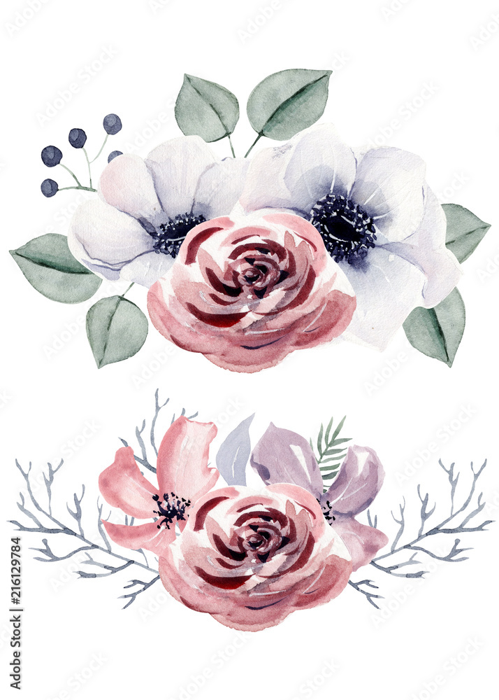 Watercolor flower, leaves illustration, wedding