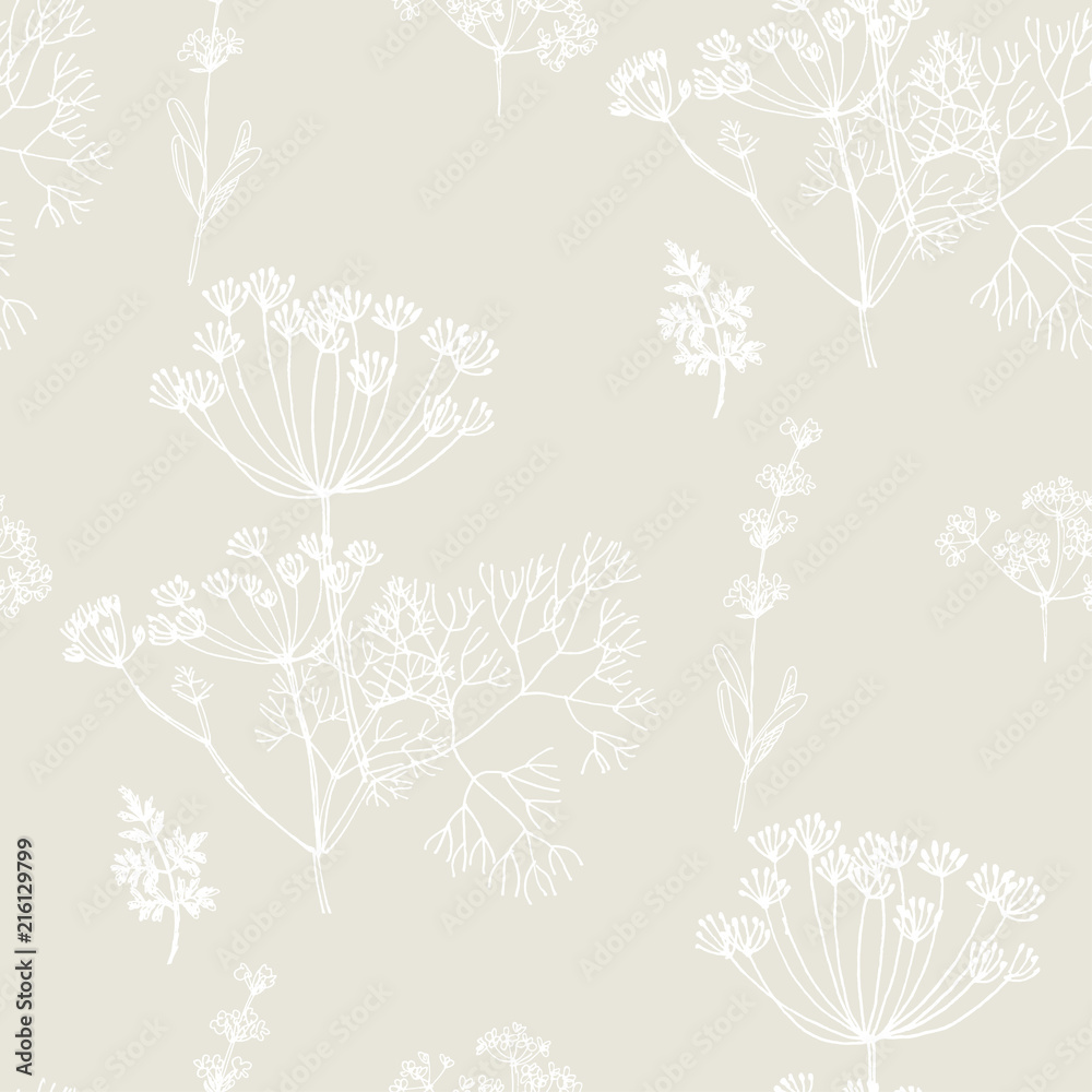 Hand drawn herbal sketch seamless pattern for fabric Hand drawn herbal sketch seamless pattern for fabric