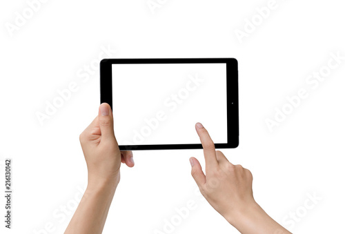 hands holding and touching on tablet pc isolated on white background