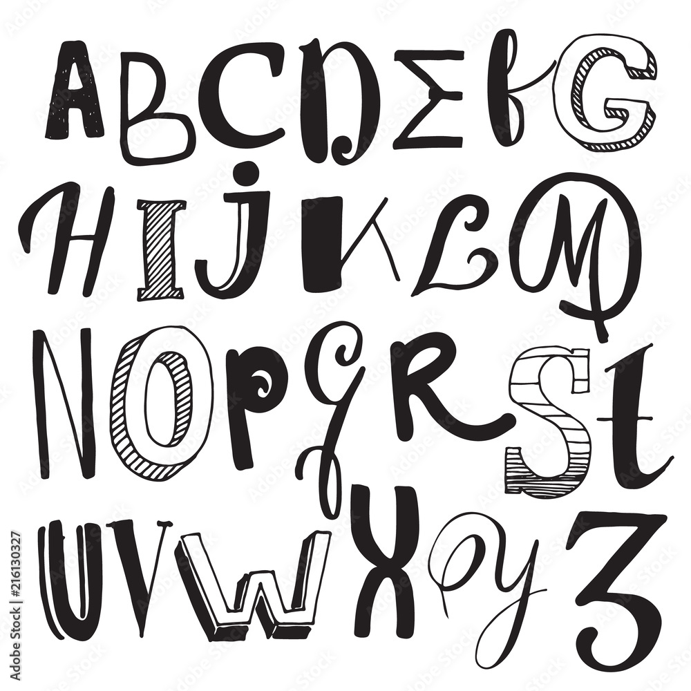 Vector Hand Drawn Funky Artistic and Creative Alphabet. Typeface. Modern brush calligraphy. Isolated on white background. Vector Hand Drawn Funky Artistic and Creative Alphabet. Typeface. Modern brush calligraphy. Isolated on white background.