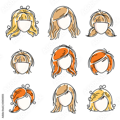 Collection of women faces, human heads. Diverse vector characters like red-haired and blonde females, beautiful ladies visage clipart and user profile.