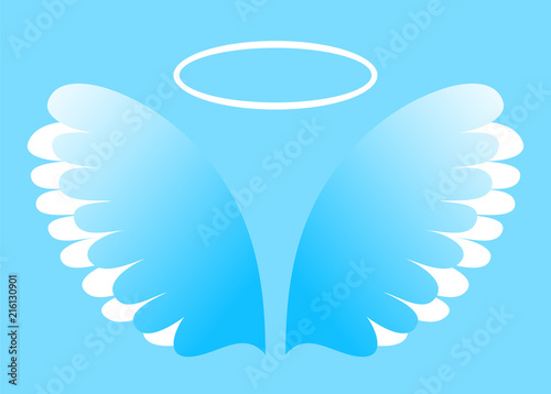 Artificial white paper wings and nimbus on blue background, vector illustration