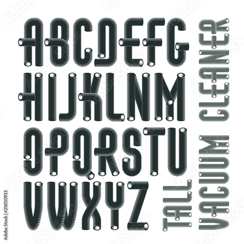 Set of trendy condensed, tall, vector capital, upper case alphabet letters, abc isolated. Funky font for use as business poster design elements. Made with industrial hose, 3d cylinder tube design.