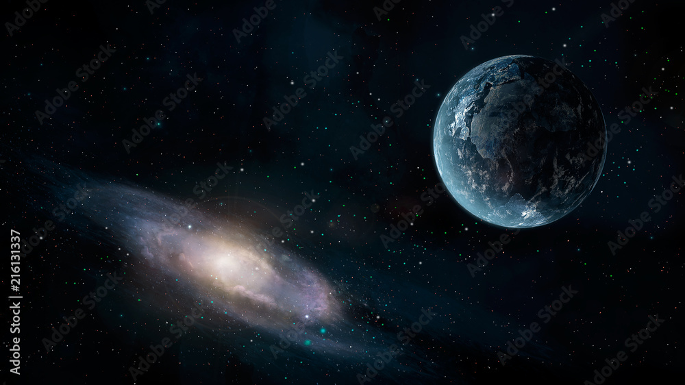 Space scene. Earth planet with galaxy. Elements furnished by NASA. 3D rendering
