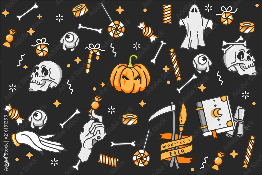Vector illustartion set of linear icons for Happy Halloween. Badges and Labels for party and fair. Trick or treat stickers. Background or pattern.
