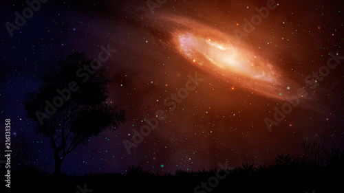 Space scene. Orange galaxy with tree silhouette. Elements furnished by NASA. 3D rendering