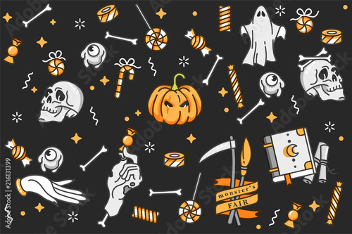 Vector illustartion set of linear icons for Happy Halloween. Badges and Labels for party and fair. Trick or treat stickers. Background or pattern.