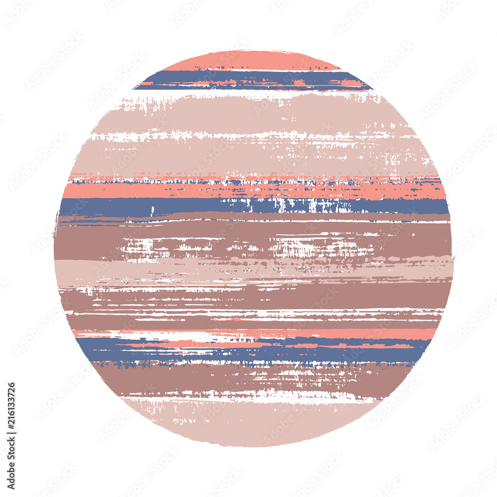 Rough circle vector geometric shape with stripes texture of paint horizontal lines. Disk banner with old paint texture. Badge round shape circle logo element with grunge stripes background.