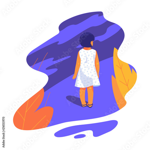 Girl feels alone. Little girl vector illustration.