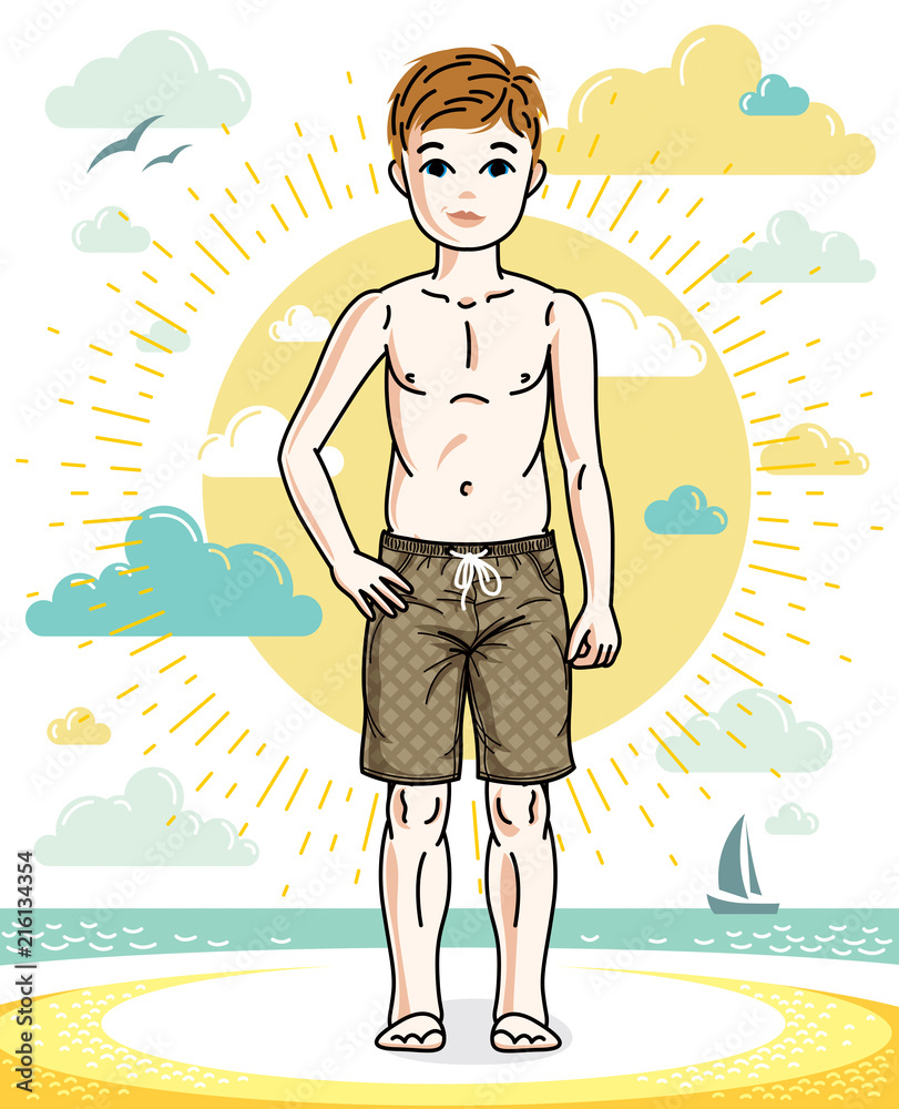 Cute happy young teen boy posing in colorful stylish beach shorts. Vector kid illustration. Childhood lifestyle clip art.
