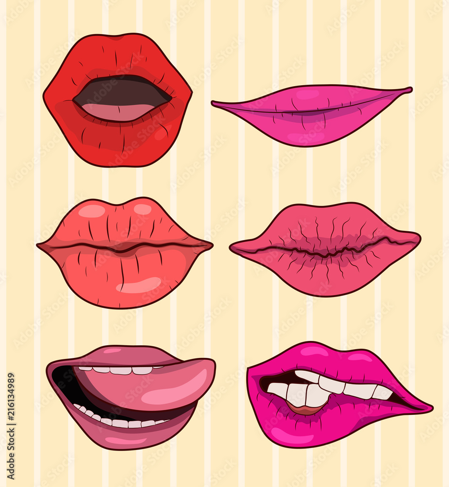 A set of female lips depicting different emotions. Illustration for t-shirt, clothing, printing, postcards...