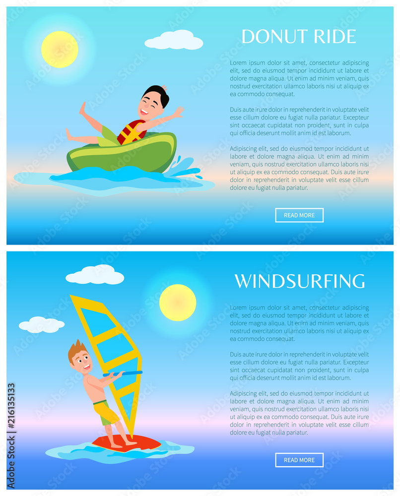 Donut Ride and Windsurfing Banner, Vector Poster