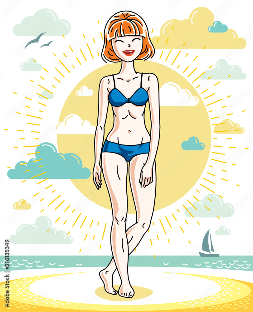 Attractive young red-haired woman posing on tropical beach and wearing blue bikini. Vector nice lady illustration. Summertime theme clipart.