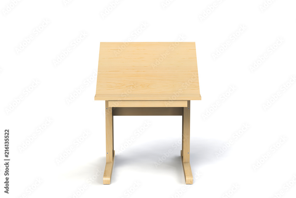 Children's small wooden table. School desk with adjustable height on a white background. Isolated. Children's small wooden table. School desk with adjustable height on a white background. Isolated.