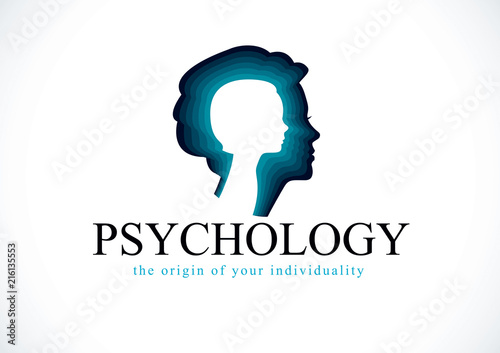 Psychology vector logo created with woman head profile and little child girl inside, inner child concept, origin of human individuality and psychic problems. Psychotherapy and psychoanalysis concept.
