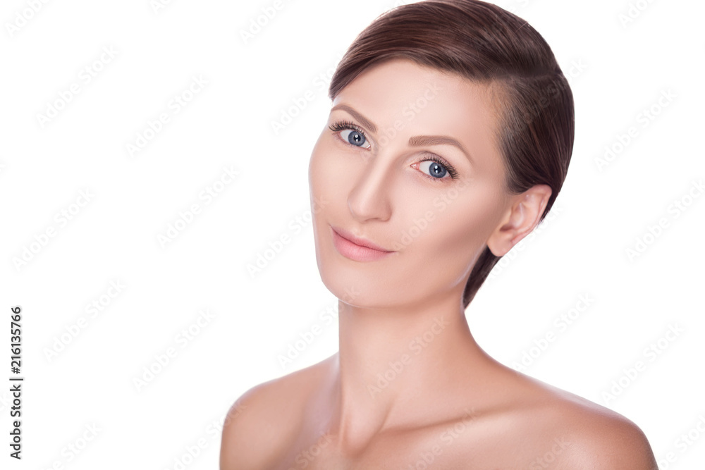 Beautiful portrait of a caucasian woman with natural make-up on white Beautiful portrait of a caucasian woman with natural make-up on white
